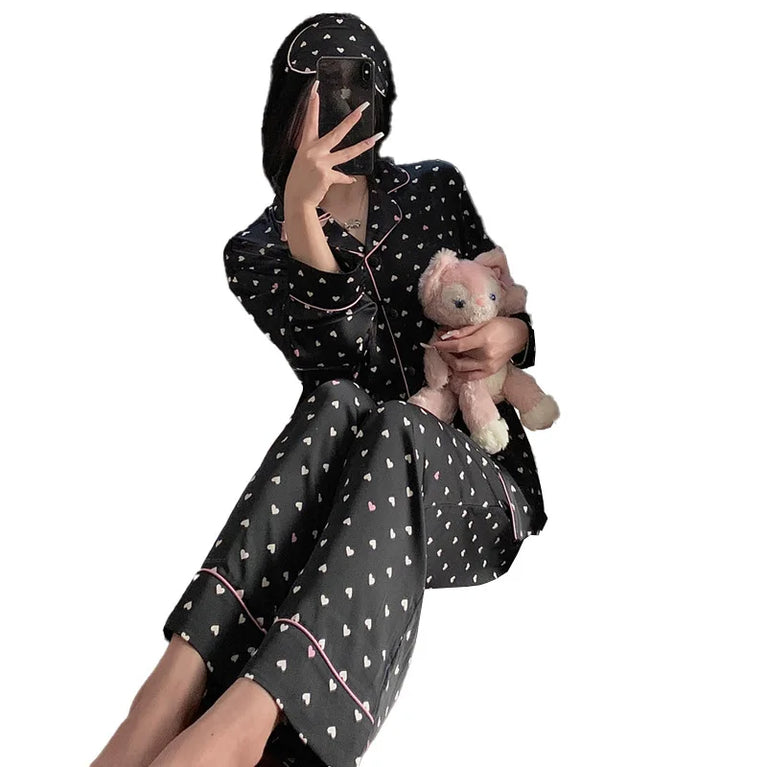Women’s Ice Silk Pajama Set | Long Sleeve Love Print Nighty