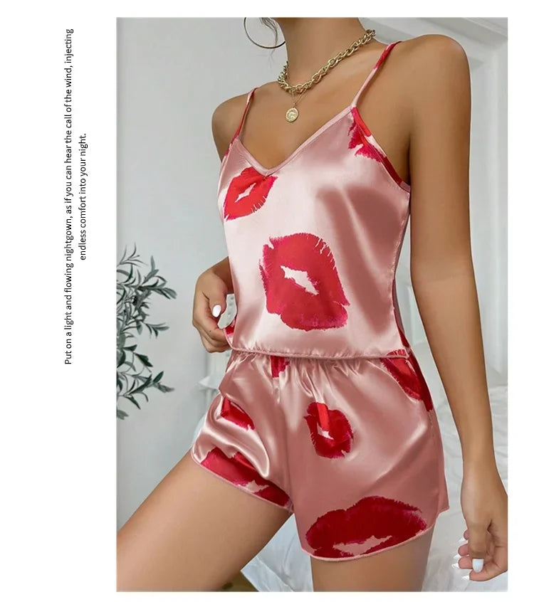 Women’s Satin Heart Pajama Set | V-Neck Cami & Silky Shorts