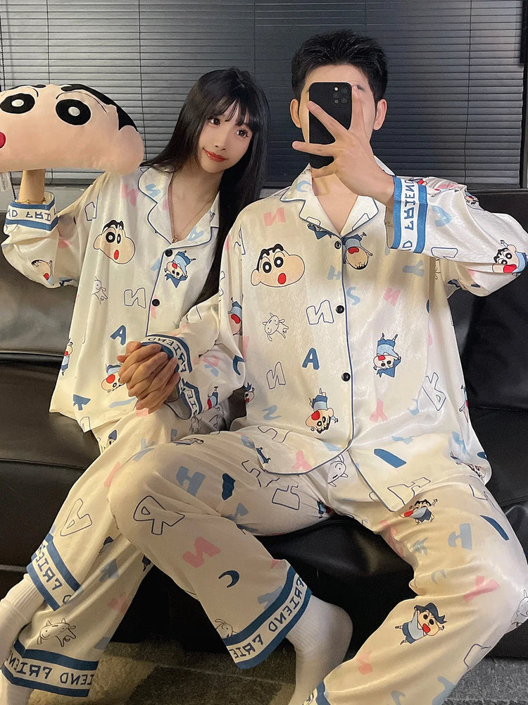 Couples Ice Silk Pajama Set | Cartoon Long-Sleeve Cardigan