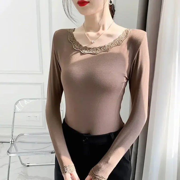 Women’s Thin Modal Thermal Top | Elegant Lace Trim Base Layer