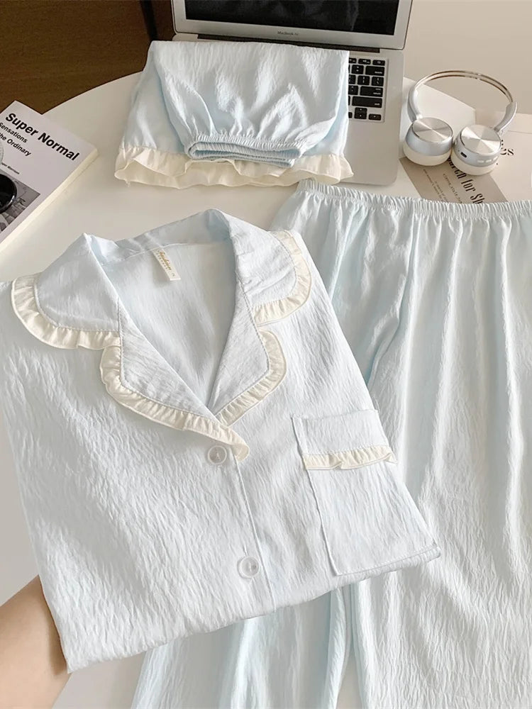 Women’s 3pc Cloud Cotton Loungewear Set | Blue Summer PJs