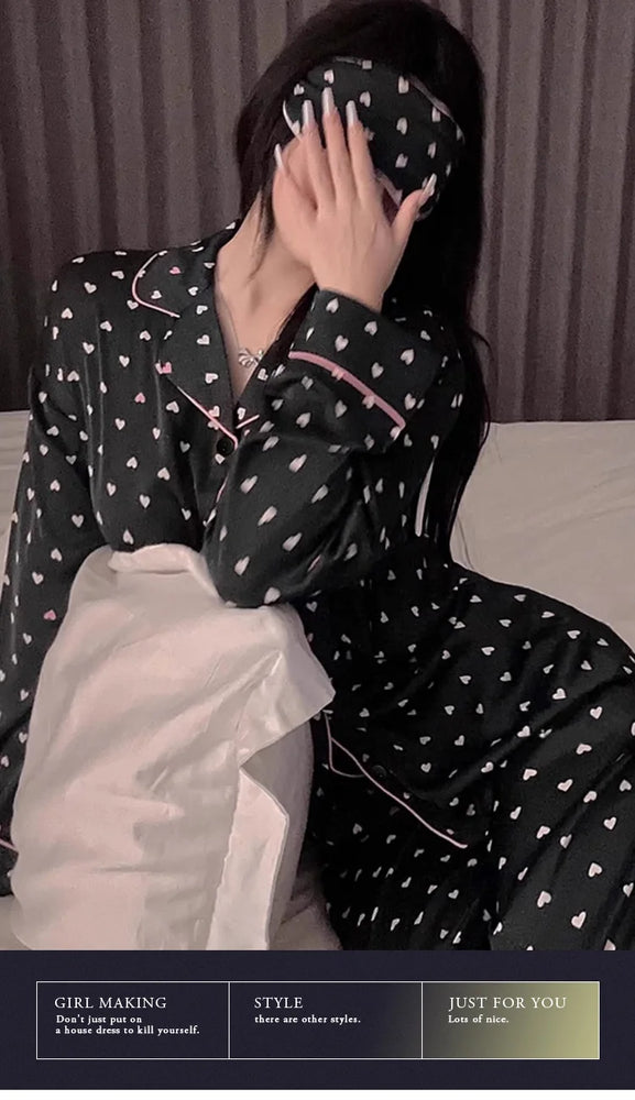 Women’s Ice Silk Pajama Set | Long Sleeve Love Print Nighty