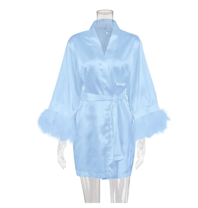 Bridal Satin Robe | Feather-Trim Wedding Kimono