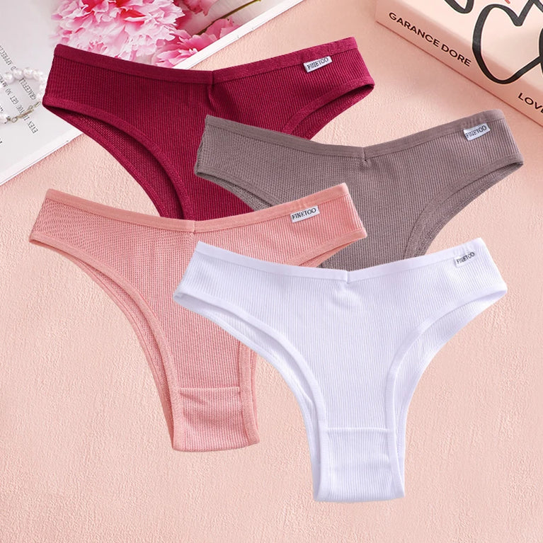 4pc Cotton Ribbed Bikini | Seamless V-Waist Panties