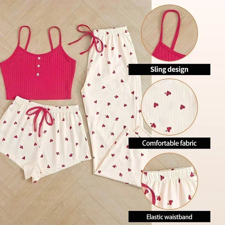 Women’s 3pc Heart Print Pajama Set | Ribbed Cami & Pants