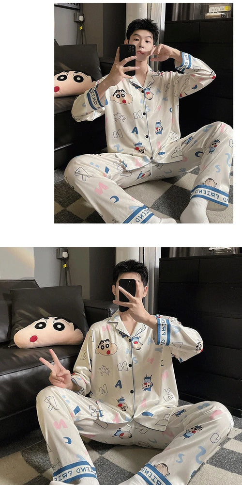 Couples Ice Silk Pajama Set | Cartoon Long-Sleeve Cardigan