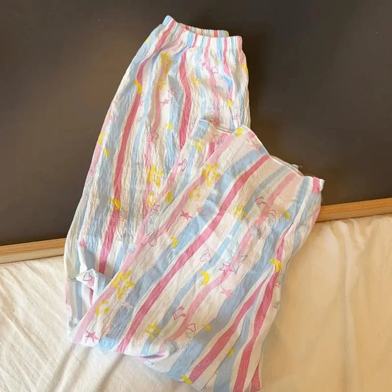 Cartoon Bear Summer Pajama Pants | Loose High Rise Trousers