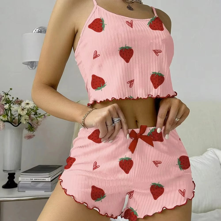 Strawberry Ribbed Knit Pajama Set | Ice Silk Summer Pajamas