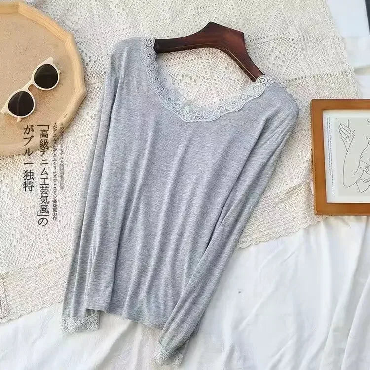 Women’s Thin Modal Thermal Top | Elegant Lace Trim Base Layer
