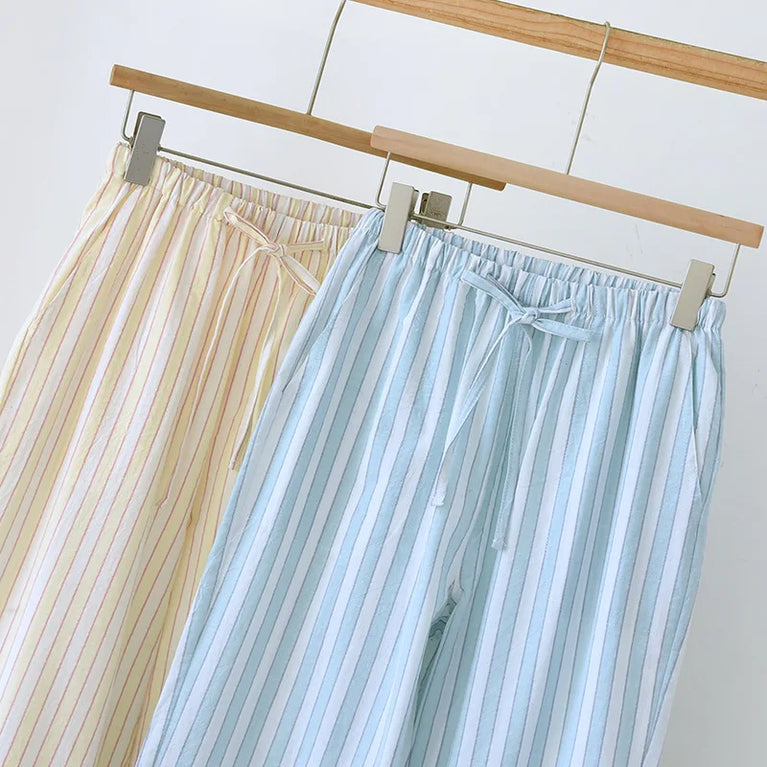 Cotton Gauze Pants | Striped Home Trousers