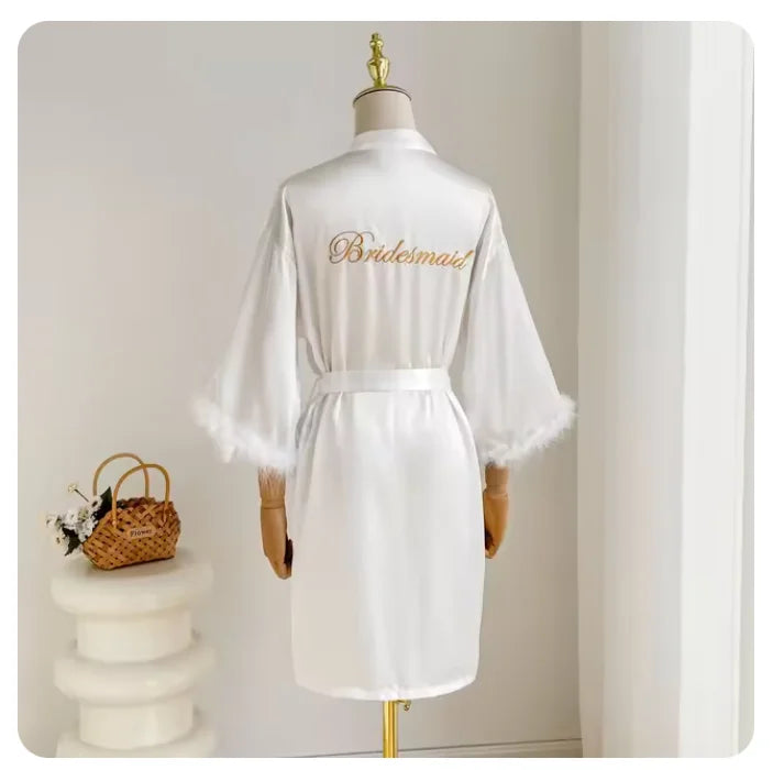 Bridal Satin Robe | Feather-Trim Wedding Kimono