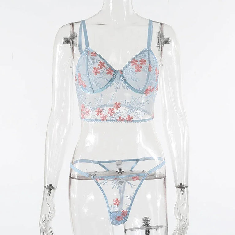 Floral Embroidery Unlined Bra and Brief Set – Sexy Transparent Lingerie