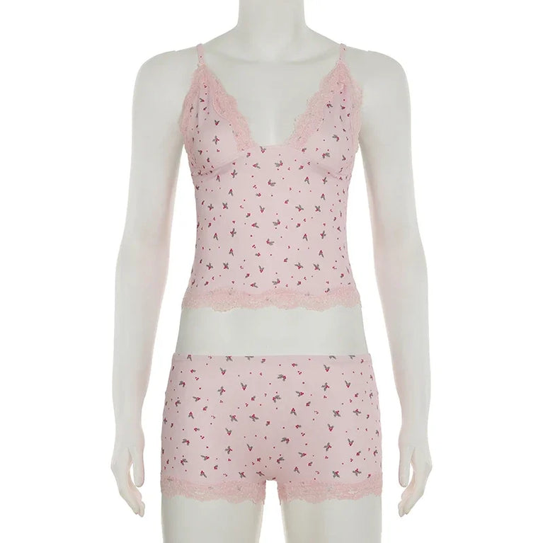 Women’s Floral Lace Pajama Set | Sleeveless Camisole & Shorts