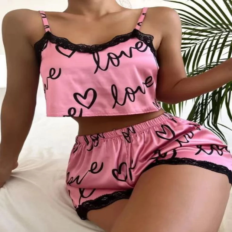 Women’s Silky Satin Pajama Set | Lace Cami & Shorts Nighty