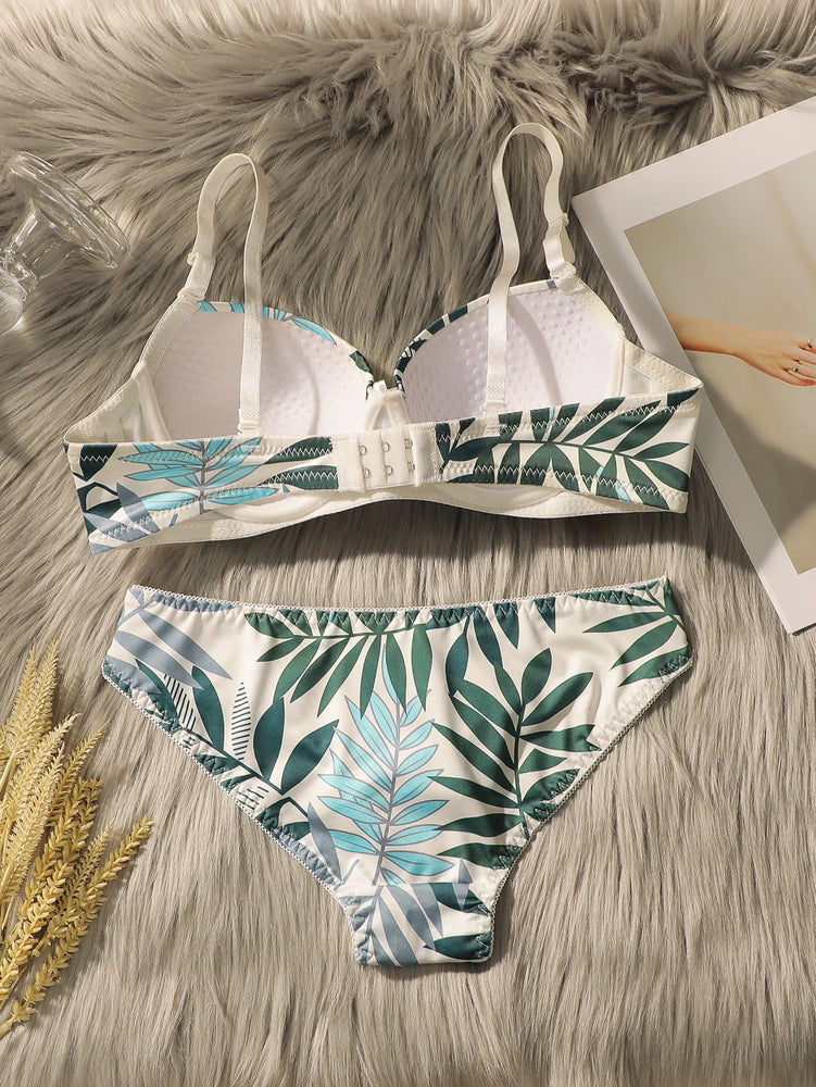 Summer Leaf Print Push-Up Bra Set | Gathering Steel Ring Duo