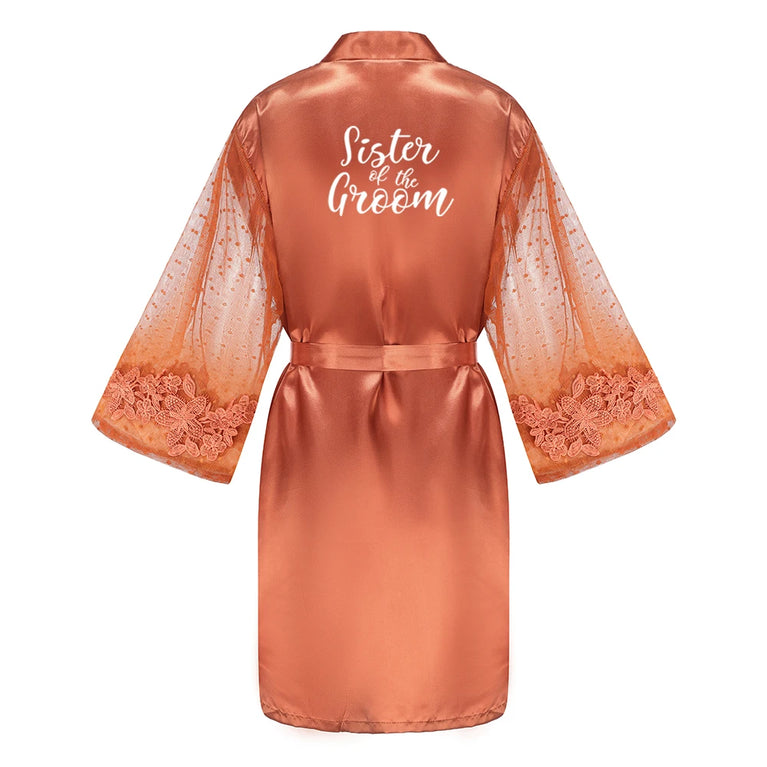 Caramel Wedding Robe | Mesh-Sleeve Satin Kimono