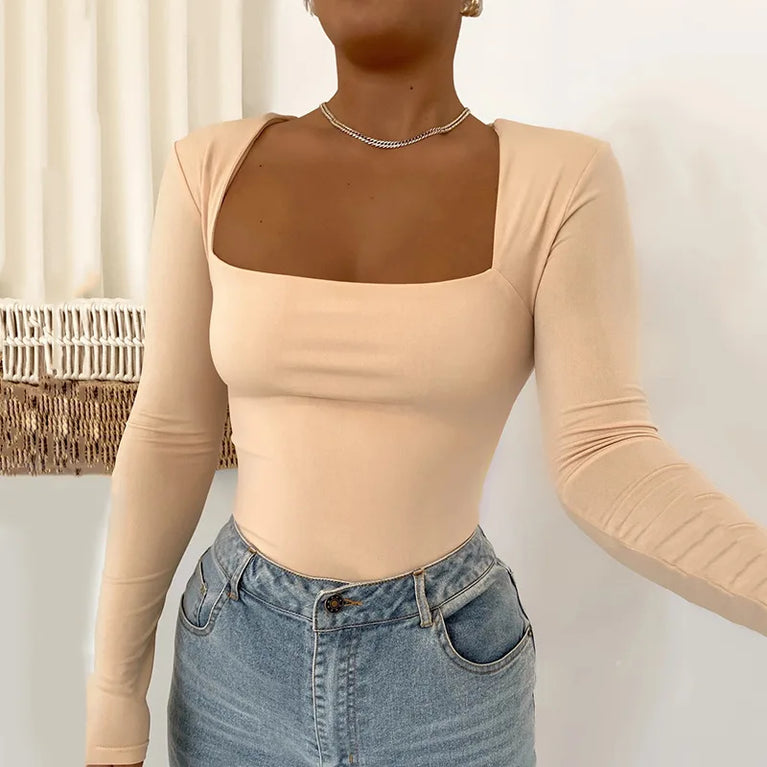 Long Sleeve Square Neck Bodysuit | Streetwear Bodycon Basic