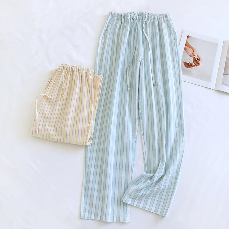 Cotton Gauze Pants | Striped Home Trousers