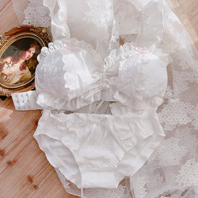Sweet Lolita Cotton Embroidery Bra Set | Wireless Ruffle Duo