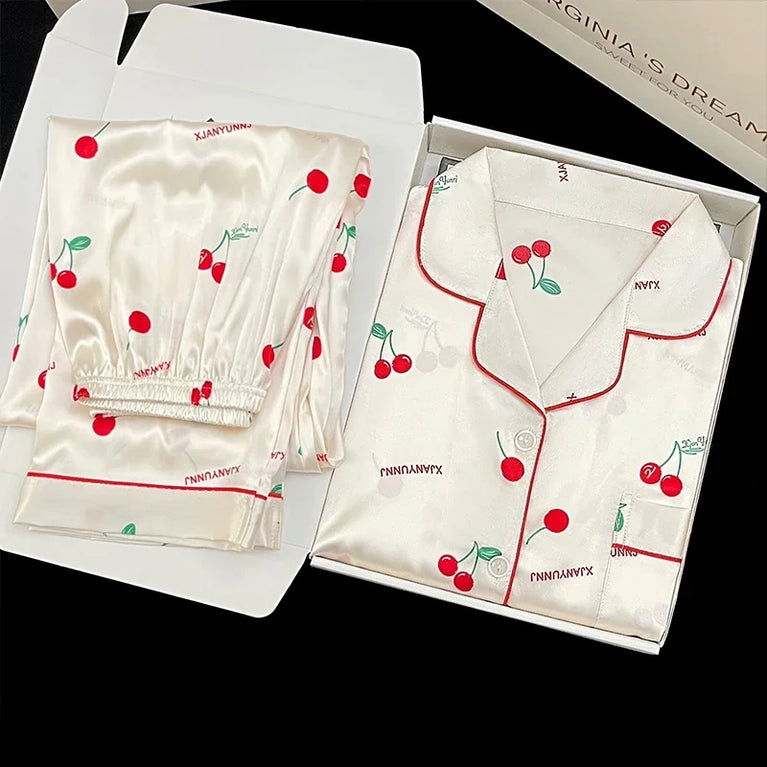Women’s Floral Faux Silk Pajamas | 2-Piece Lapel Lounge Set