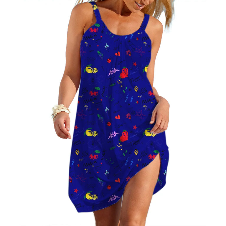 Floral Bow Neck Casual Loose A-Line Sleeveless Summer Slip Dress Knee-Length