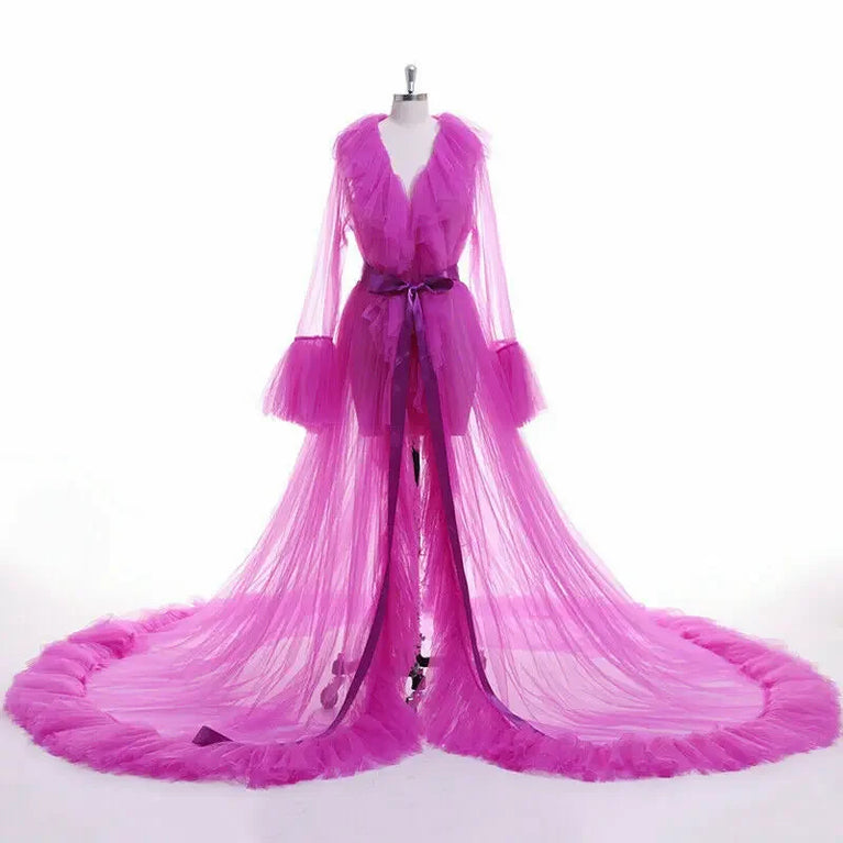 Sheer Tulle Maxi Robe | Layered Ruffle Floor Gown