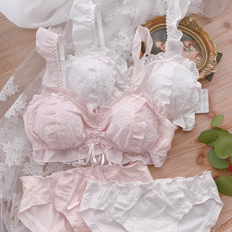 Sweet Lolita Cotton Embroidery Bra Set | Wireless Ruffle Duo