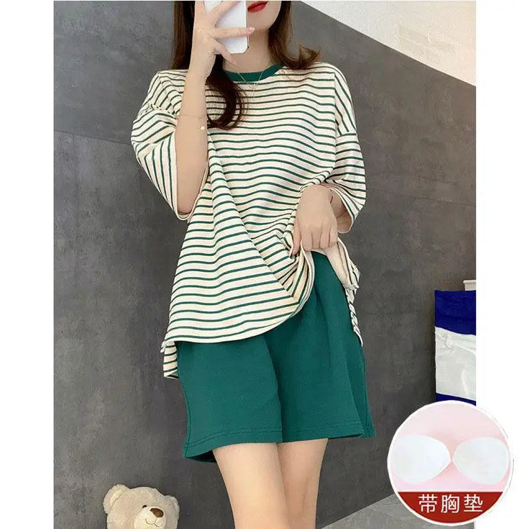 Women’s Striped Pajama Set | Built-in Chest Pads & Shorts