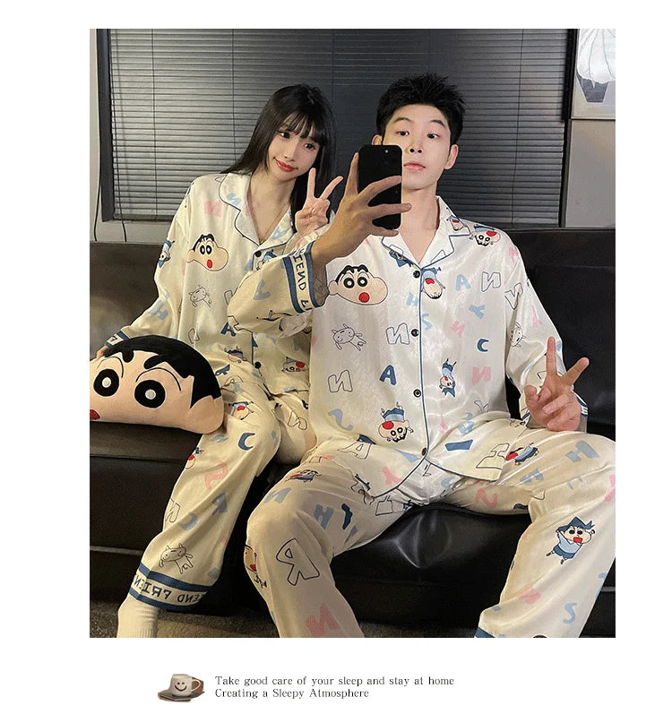 Couples Ice Silk Pajama Set | Cartoon Long-Sleeve Cardigan