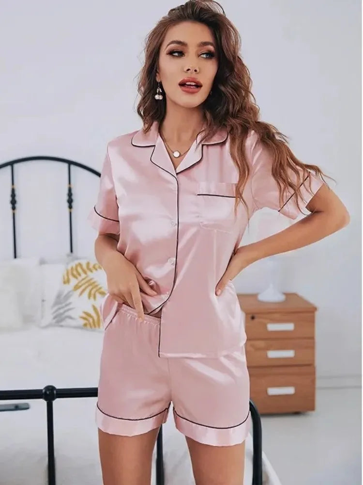 Luxury Silk Satin Pajama Set | Button-Down Short Pj Suit