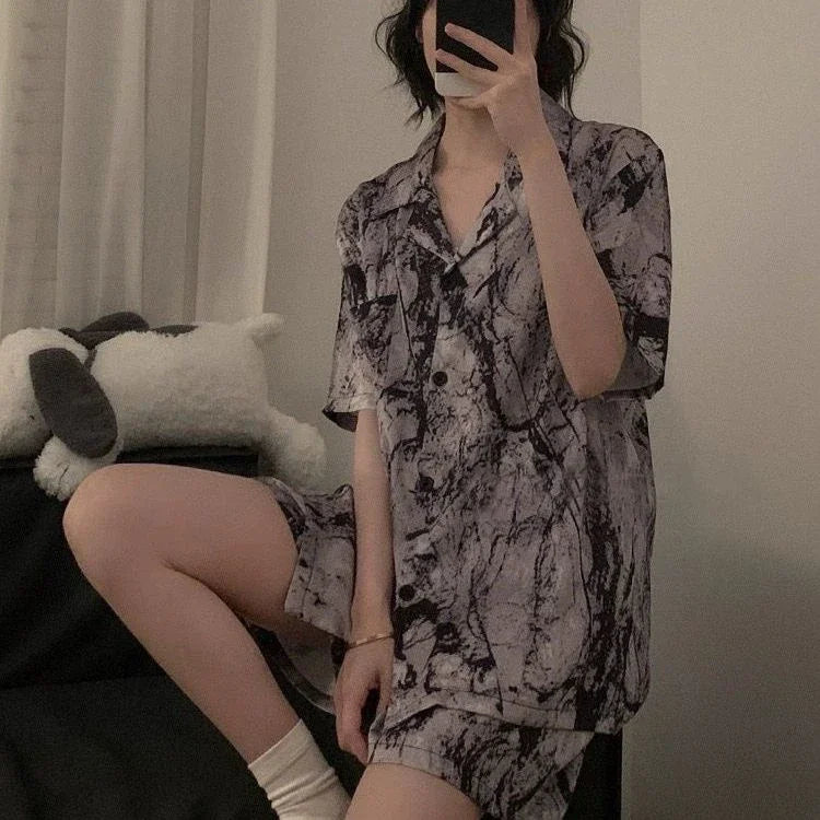 Women’s Geometric Satin Pajamas | V-Neck Ink Painting Set