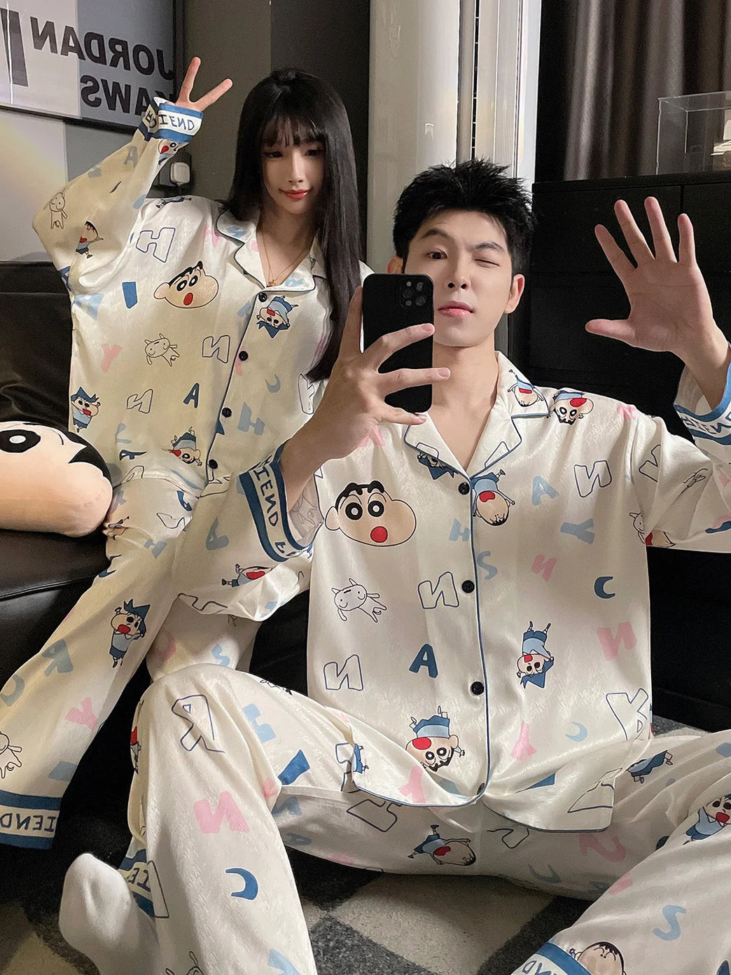 Couples Ice Silk Pajama Set | Cartoon Long-Sleeve Cardigan