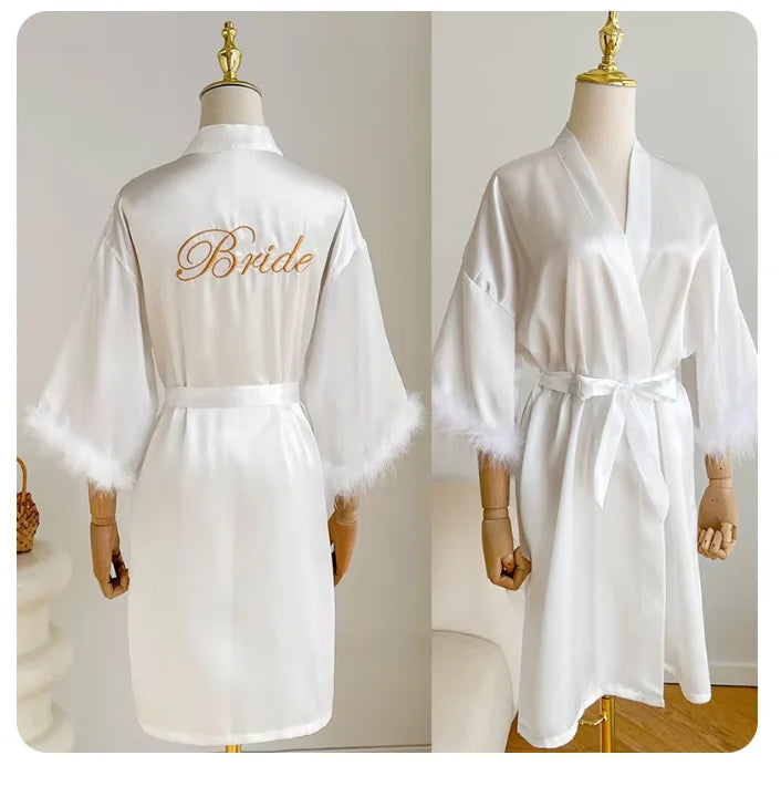 Bridal Satin Robe | Feather-Trim Wedding Kimono
