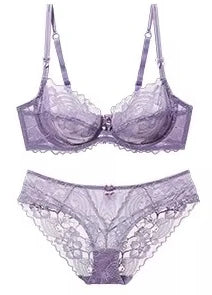 French Gathering Lace Bra Set | Seamless Purple & White Duo
