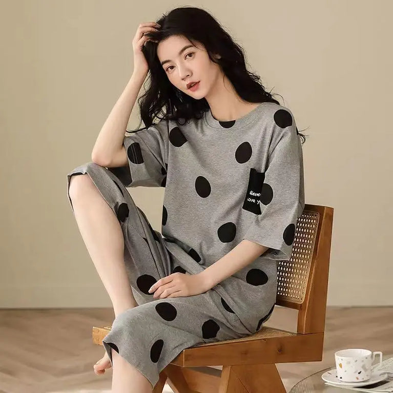 Women’s Milk Silk Pajama Set | Cute Cartoon Calf-Length Pants