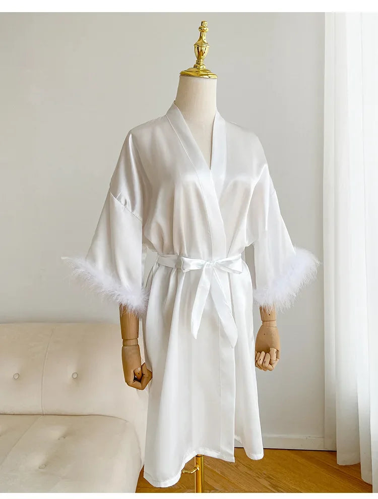 Bridal Satin Robe | Feather-Trim Wedding Kimono