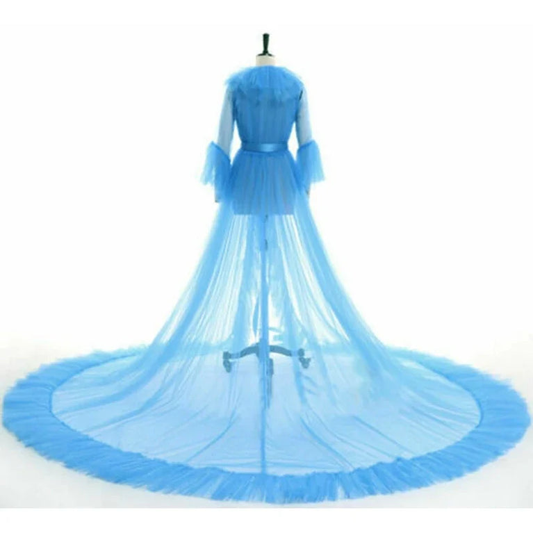 Sheer Tulle Maxi Robe | Layered Ruffle Floor Gown