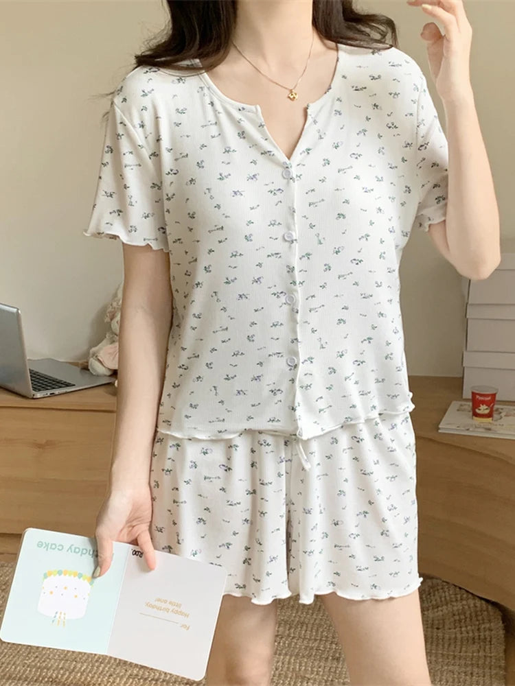 Women’s Floral Summer Pajama Set | Korean Style Home Clothes