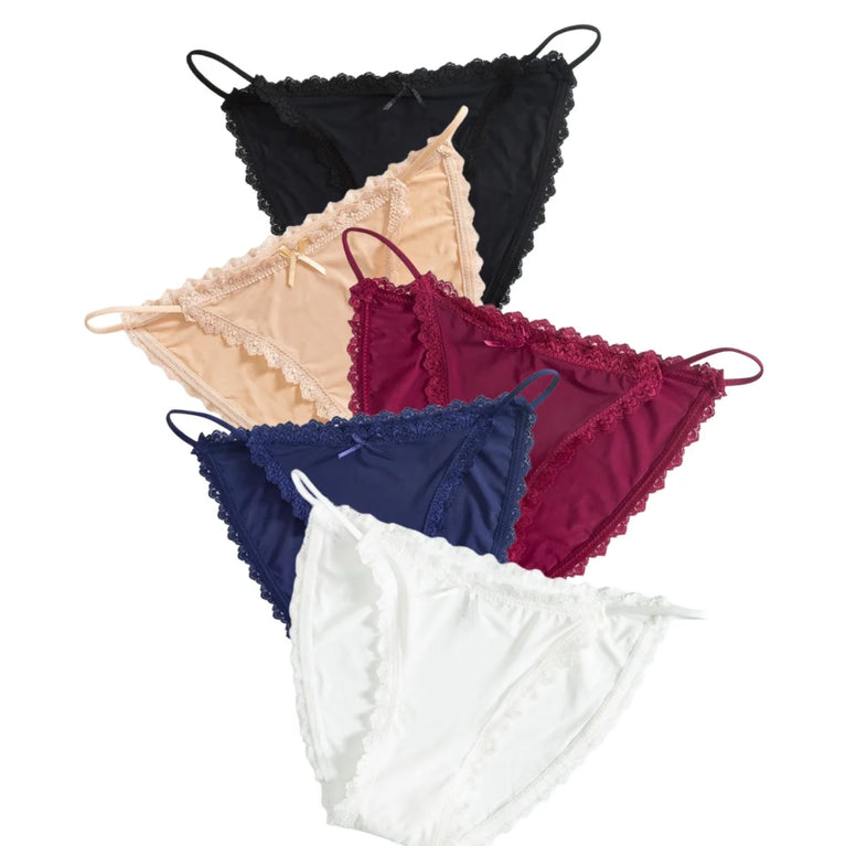 5pc Ice Silk Panties | Lace Trim Brazilian Briefs
