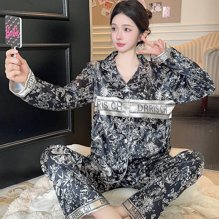Women’s Ice Silk Pajama Set | Long Sleeve Love Print Nighty