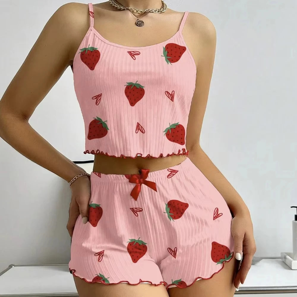 Strawberry Ribbed Knit Pajama Set | Ice Silk Summer Pajamas