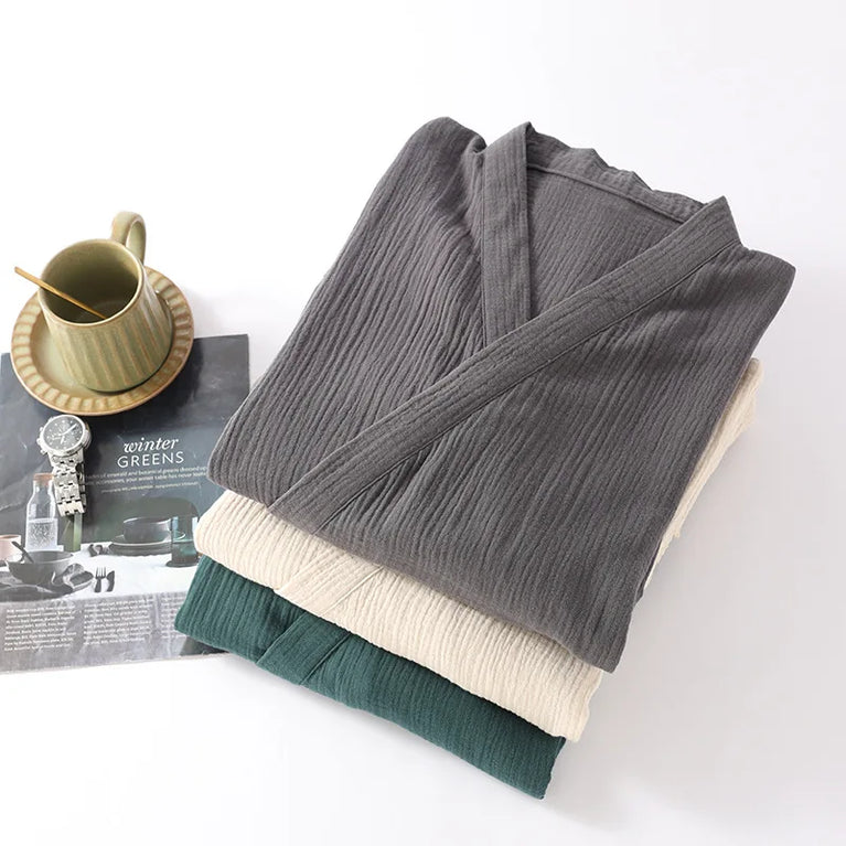 2026 Japanese Style 100% Cotton Crepe Robe – Breathable Summer Couple’s Kimono Bathrobe & Thin Sleeping Gown