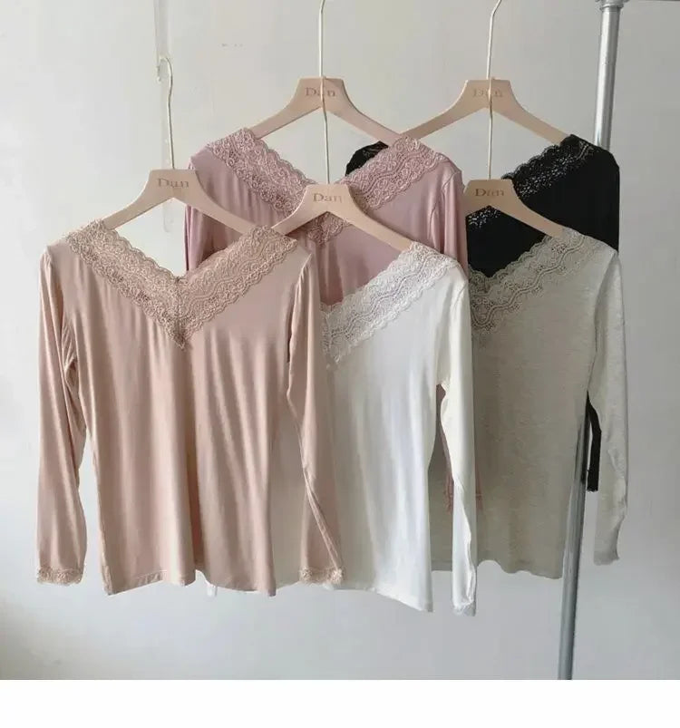 Women’s Thin Modal Thermal Top | Elegant Lace Trim Base Layer