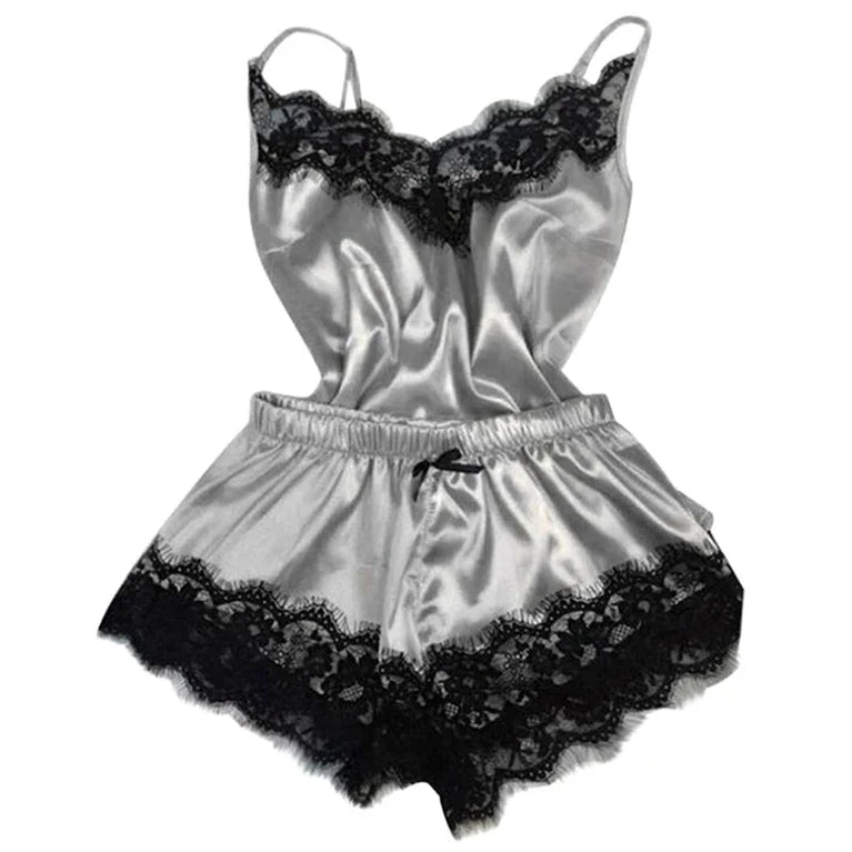 Lace Satin 2-Piece Pajama Set – Sexy V-Neck Strap Vest & Matching Sleep Shorts for Women