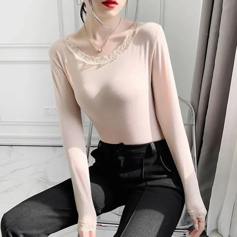 Modal Thermal Top | Lace V-Neck Long Sleeve Base