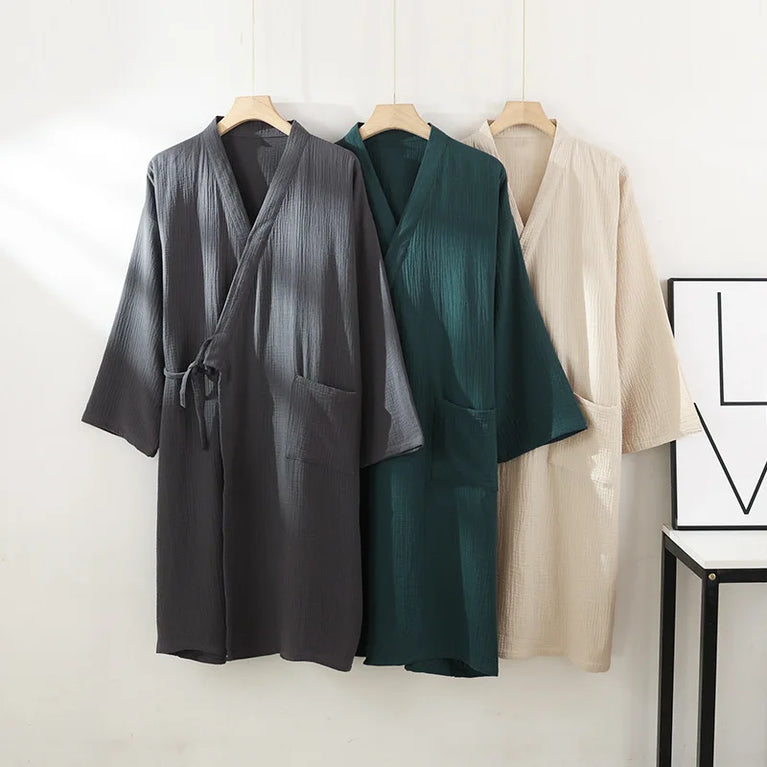 2026 Japanese Style 100% Cotton Crepe Robe – Breathable Summer Couple’s Kimono Bathrobe & Thin Sleeping Gown