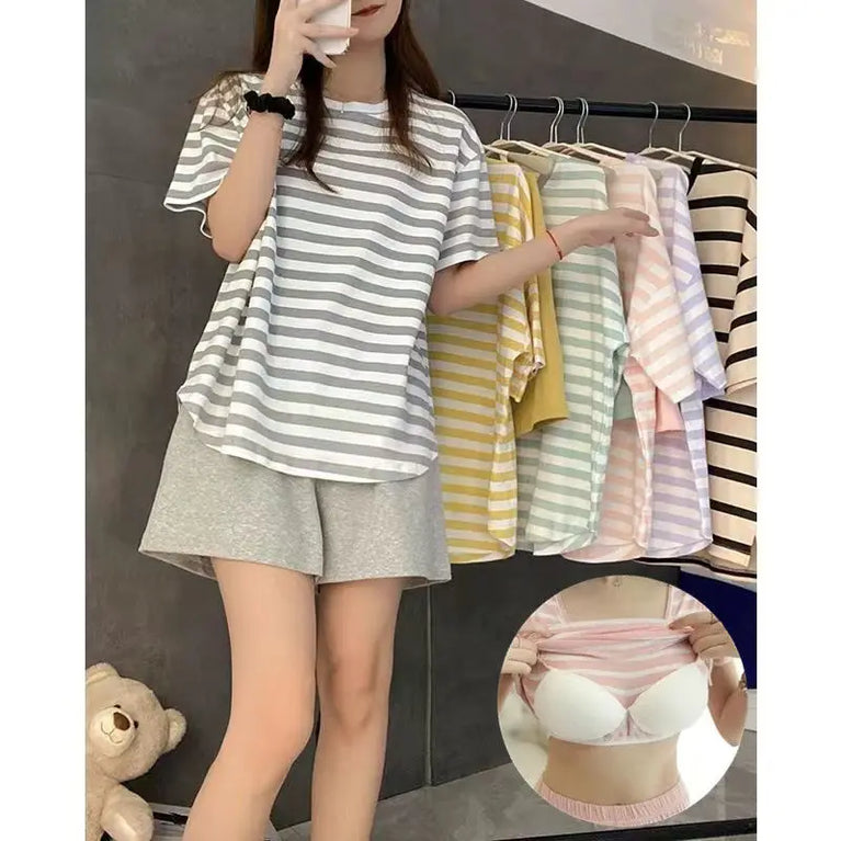 Women’s Striped Pajama Set | Built-in Chest Pads & Shorts