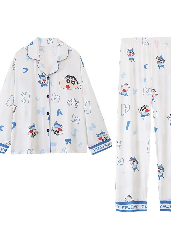 Couples Ice Silk Pajama Set | Cartoon Long-Sleeve Cardigan