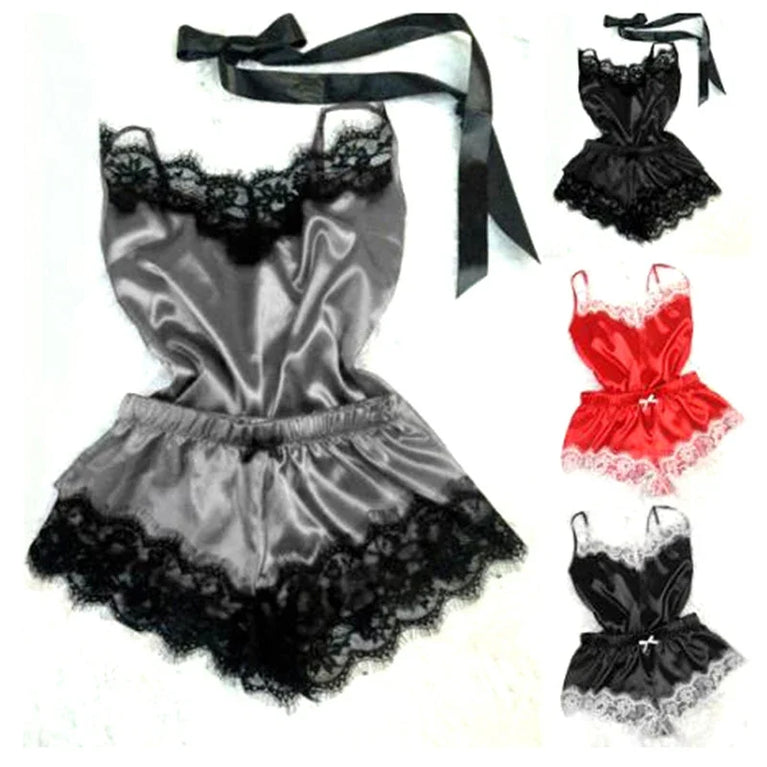 Lace Satin 2-Piece Pajama Set – Sexy V-Neck Strap Vest & Matching Sleep Shorts for Women