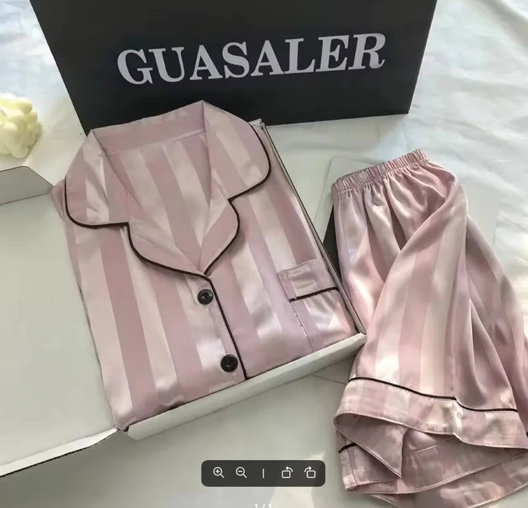 Women’s Satin Striped Pajama Set | Button-Up Short Sleeve